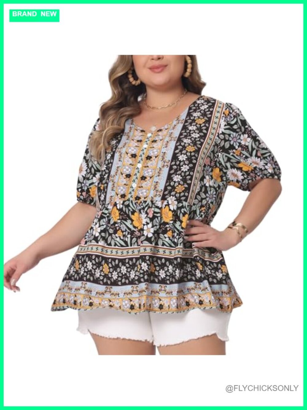 Plus Size Boho Floral V Neck Peplum Blouse Short Sleeve Summer Top